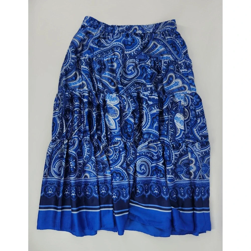 Lauren Ralph Lauren Blue Paisley Tiered Maxi Skirt XL Elastic Waist Boho Flowy